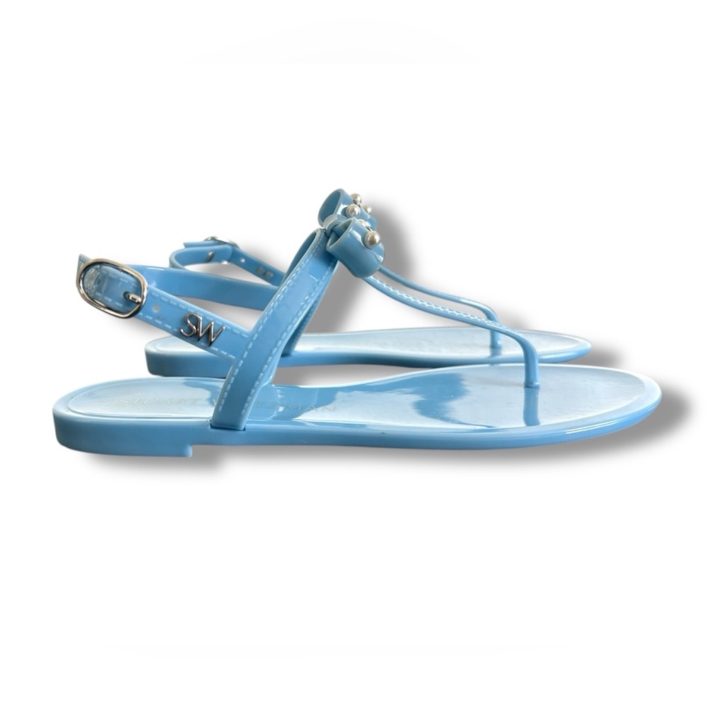 NEW STUART WEITZMAN IMITATION PEARL BOW JELLY SANDALS LIGHT BLUE SIZE 7 T-STRAP